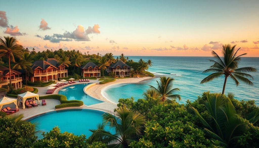 A sprawling luxury resort nestled amidst lush tropical foliage along the pristine beaches of the Dominican Republic. The foreground features a stunning infinity pool with crystal clear turquoise waters, surrounded by plush cabanas and sun loungers. In the middle ground, opulent villas with thatched roofs and balconies overlook the tranquil Caribbean Sea. The background showcases verdant palm trees swaying in the gentle breeze, with the horizon painted in vibrant hues of orange and pink at golden hour. Soft, warm lighting casts a serene glow over the entire scene, evoking a feeling of absolute relaxation and indulgence. A sprawling luxury resort nestled amidst lush tropical foliage along the pristine beaches of the Dominican Republic. The foreground features a stunning infinity pool with crystal clear turquoise waters, surrounded by plush cabanas and sun loungers. In the middle ground, opulent villas with thatched roofs and balconies overlook the tranquil Caribbean Sea. The background showcases verdant palm trees swaying in the gentle breeze, with the horizon painted in vibrant hues of orange and pink at golden hour. Soft, warm lighting casts a serene glow over the entire scene, evoking a feeling of absolute relaxation and indulgence.