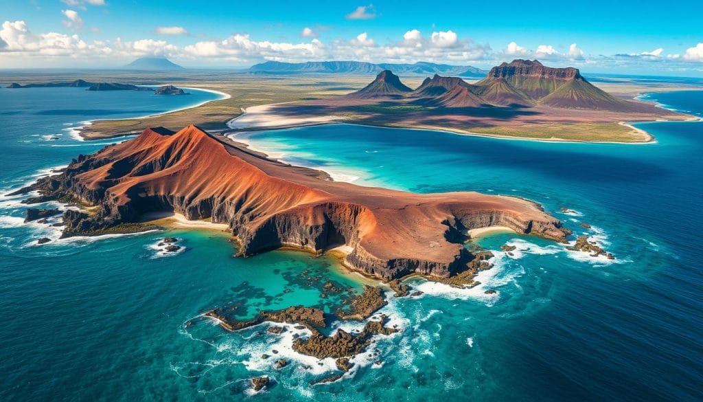 A stunning, high-resolution aerial view of the Galapagos Islands, Ecuador's renowned archipelago. In the foreground, crystal-clear turquoise waters lap against the rugged, volcanic coastline, dotted with secluded beaches and coves. Dramatic, sun-kissed cliffs rise majestically in the middle ground, home to colonies of marine iguanas and playful sea lions. In the background, lush, verdant landscapes unfold, with towering volcanic peaks and endemic flora and fauna that inspired Charles Darwin's revolutionary theories. The scene is bathed in warm, golden light, conveying the islands' timeless, untamed beauty and ecological significance as Ecuador's natural wonder. A stunning, high-resolution aerial view of the Galapagos Islands, Ecuador's renowned archipelago. In the foreground, crystal-clear turquoise waters lap against the rugged, volcanic coastline, dotted with secluded beaches and coves. Dramatic, sun-kissed cliffs rise majestically in the middle ground, home to colonies of marine iguanas and playful sea lions. In the background, lush, verdant landscapes unfold, with towering volcanic peaks and endemic flora and fauna that inspired Charles Darwin's revolutionary theories. The scene is bathed in warm, golden light, conveying the islands' timeless, untamed beauty and ecological significance as Ecuador's natural wonder.