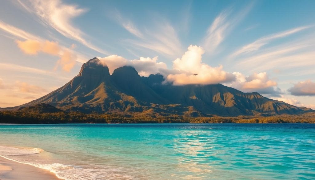 A stunning tropical landscape on Bioko Island, Equatorial Guinea. In the foreground, a pristine white-sand beach meets the crystal-clear turquoise waters of the Atlantic Ocean. Towering volcanic peaks rise in the middle ground, their rugged slopes covered in lush, verdant rainforest. Wispy clouds drift across the sky, illuminated by warm, golden sunlight filtering through. The scene exudes a sense of tranquility and natural beauty, inviting the viewer to imagine themselves immersed in this idyllic, far-flung corner of the world.