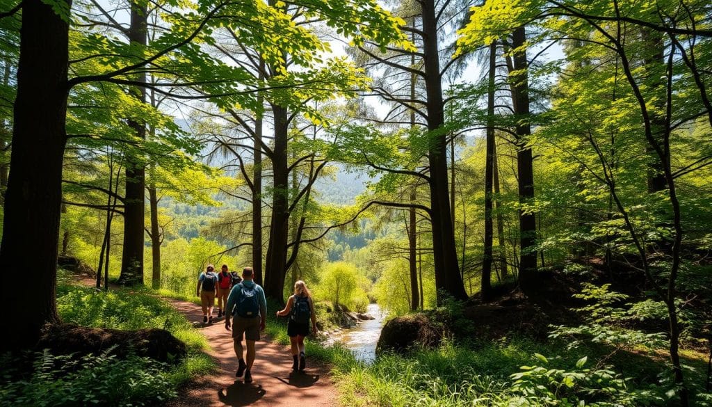 A sun-dappled forest trail winds through the lush, verdant foliage of Day Forest National Park. In the foreground, a group of hikers traverses the path, their backpacks and eco-friendly gear suggesting a sustainable, low-impact exploration of the region. Towering trees with outstretched canopies frame the scene, their leaves gently rustling in the soft breeze. The middle ground reveals a serene stream, its clear waters reflecting the surrounding natural beauty. In the distance, the rolling hills of the park's untouched landscape stretch out, hinting at the unexpected biodiversity that awaits discovery. Warm, diffused lighting bathes the entire composition, creating a sense of tranquility and harmony between the human presence and the untamed wilderness. A sun-dappled forest trail winds through the lush, verdant foliage of Day Forest National Park. In the foreground, a group of hikers traverses the path, their backpacks and eco-friendly gear suggesting a sustainable, low-impact exploration of the region. Towering trees with outstretched canopies frame the scene, their leaves gently rustling in the soft breeze. The middle ground reveals a serene stream, its clear waters reflecting the surrounding natural beauty. In the distance, the rolling hills of the park's untouched landscape stretch out, hinting at the unexpected biodiversity that awaits discovery. Warm, diffused lighting bathes the entire composition, creating a sense of tranquility and harmony between the human presence and the untamed wilderness.