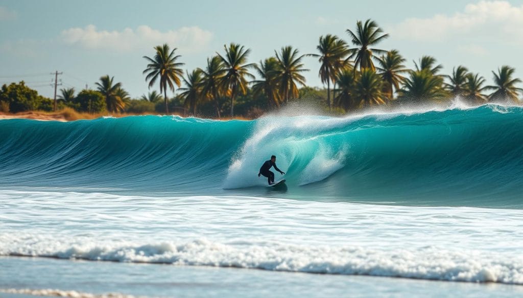 A sun-drenched coastal paradise, El Salvador's pristine beaches are home to world-class surfing waves. Capture the serene scene as towering barrels crash against the shoreline, their aquamarine curves perfectly framed by the golden sand and swaying palm trees in the distance. A solitary surfer, poised and focused, rides the glassy swell, their silhouette backlit by the warm tropical light. Subtle hues of blue, green, and amber permeate the image, evoking the calming essence of this surfing mecca. Shoot with a wide-angle lens to accentuate the dramatic scale of the waves and the surfer's graceful maneuvers, conveying the thrill and tranquility of this unique coastal wonderland.