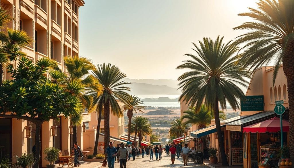 A sunlit outdoor scene showcasing the vibrant hotels and tourism infrastructure of Djibouti. In the foreground, a modern hotel facade with intricate architectural details, lush tropical foliage, and inviting entryways. In the middle ground, a bustling street with locals navigating past colorful shops, cafes, and markets selling unique Djiboutian wares. In the background, sweeping vistas of the rugged Djiboutian landscape, with distant mountains and the sparkling waters of the Gulf of Aden. The scene is bathed in warm, golden light, creating an atmosphere of welcoming hospitality and adventure. The perspective is slightly elevated, capturing the lively energy and accessibility of Djibouti's tourism infrastructure. A sunlit outdoor scene showcasing the vibrant hotels and tourism infrastructure of Djibouti. In the foreground, a modern hotel facade with intricate architectural details, lush tropical foliage, and inviting entryways. In the middle ground, a bustling street with locals navigating past colorful shops, cafes, and markets selling unique Djiboutian wares. In the background, sweeping vistas of the rugged Djiboutian landscape, with distant mountains and the sparkling waters of the Gulf of Aden. The scene is bathed in warm, golden light, creating an atmosphere of welcoming hospitality and adventure. The perspective is slightly elevated, capturing the lively energy and accessibility of Djibouti's tourism infrastructure.