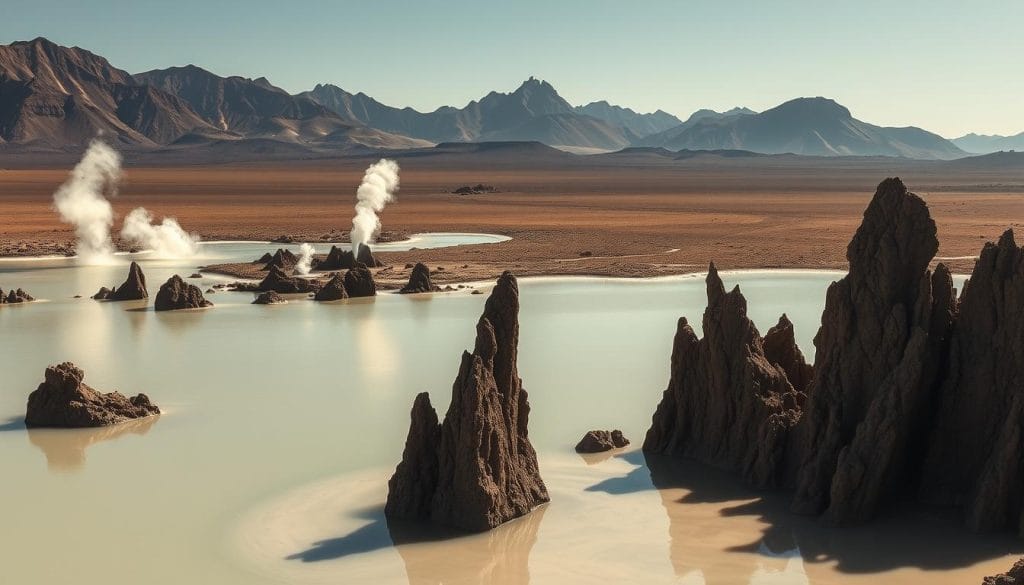 A surreal, otherworldly landscape of Lake Abbe in Djibouti. In the foreground, alien-like rock formations jut out from the serene, mineral-rich waters, their jagged silhouettes casting long shadows under the bright, harsh sunlight. In the middle ground, steam vents rise from the lake's surface, creating an eerie, misty atmosphere. The background is dominated by a vast, barren expanse of cracked earth and towering, volcanic peaks, giving the scene a hauntingly lunar quality. The overall mood is one of stark, primal beauty, a reminder of the raw, untamed power of nature. A surreal, otherworldly landscape of Lake Abbe in Djibouti. In the foreground, alien-like rock formations jut out from the serene, mineral-rich waters, their jagged silhouettes casting long shadows under the bright, harsh sunlight. In the middle ground, steam vents rise from the lake's surface, creating an eerie, misty atmosphere. The background is dominated by a vast, barren expanse of cracked earth and towering, volcanic peaks, giving the scene a hauntingly lunar quality. The overall mood is one of stark, primal beauty, a reminder of the raw, untamed power of nature.