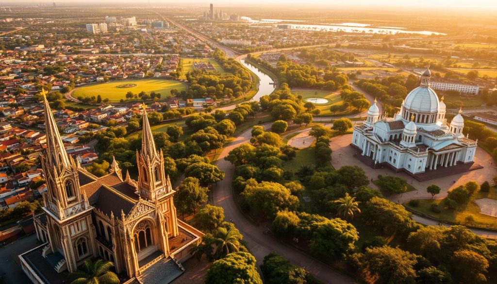 A sweeping aerial view of Cote d'Ivoire's historical landmarks, bathed in warm, golden-hour sunlight. In the foreground, the iconic Cathedral of St. Paul in Abidjan, its ornate spires and Neo-Gothic architecture standing tall against the vibrant cityscape. Winding through the middle ground, the scenic Banco National Park, lush with verdant foliage and tranquil waterways. In the distance, the awe-inspiring Basilica of Our Lady of Peace in Yamoussoukro, its towering white domes and grandiose scale capturing the essence of the country's rich cultural heritage. The scene exudes a sense of timeless elegance and historical significance, inviting the viewer to immerse themselves in Cote d'Ivoire's captivating past.