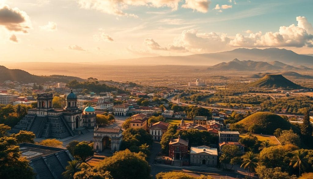 A sweeping timeline of El Salvador's rich history, captured in a cinematic panorama. The foreground showcases iconic landmarks and historical figures, from the ancient Mayan ruins to the colonial architecture of San Salvador. The middle ground depicts pivotal moments, like the fight for independence and the country's tumultuous civil war. In the background, a tapestry of landscapes unfolds, from the lush coffee plantations to the rugged volcanic terrain. Bathed in warm, golden light, the scene evokes a sense of timeless grandeur and the resilience of El Salvador's cultural heritage. Meticulously detailed, the image transports the viewer through the ebb and flow of this nation's captivating past.