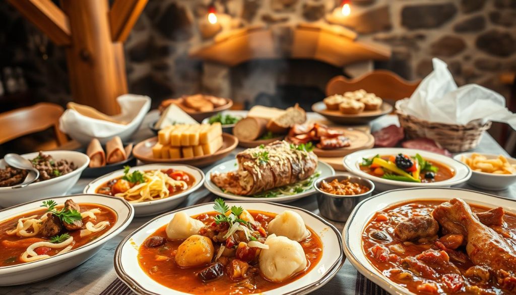 A table laden with a feast of traditional Czechoslovakian dishes, showcasing the rich culinary heritage of the region. In the foreground, steaming platters of goulash, pork knuckle, and potato dumplings, garnished with fresh herbs and sauerkraut. In the middle ground, a variety of breads, including rye and pumpernickel, alongside platters of smoked meats, cheeses, and pickled vegetables. The background features a cozy tavern-like setting, with wooden beams, stone walls, and soft, warm lighting casting a welcoming glow over the scene. The overall atmosphere evokes a sense of rustic charm and homely hospitality, reflecting the heart and soul of Czechoslovakian cuisine. A table laden with a feast of traditional Czechoslovakian dishes, showcasing the rich culinary heritage of the region. In the foreground, steaming platters of goulash, pork knuckle, and potato dumplings, garnished with fresh herbs and sauerkraut. In the middle ground, a variety of breads, including rye and pumpernickel, alongside platters of smoked meats, cheeses, and pickled vegetables. The background features a cozy tavern-like setting, with wooden beams, stone walls, and soft, warm lighting casting a welcoming glow over the scene. The overall atmosphere evokes a sense of rustic charm and homely hospitality, reflecting the heart and soul of Czechoslovakian cuisine.