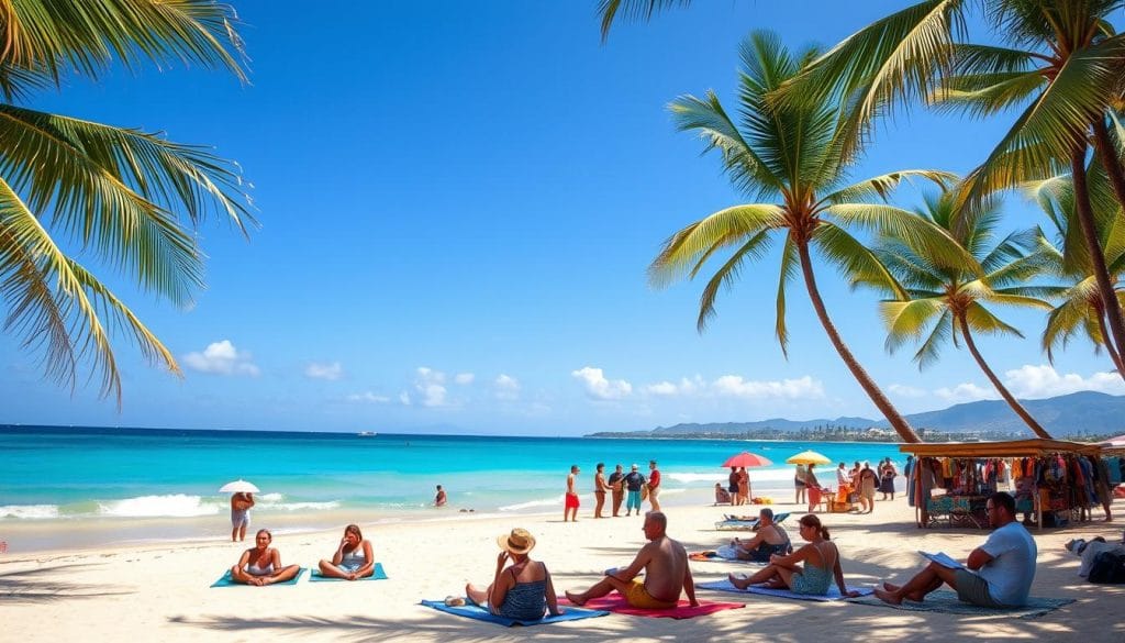 A tranquil beach scene in the Dominican Republic, with swaying palm trees and vibrant turquoise waters lapping at the shore. In the foreground, a group of travelers relaxing on colorful beach towels, enjoying the warm sunshine and taking notes in their travel journals. In the middle ground, a bustling local market with vendors selling handcrafted souvenirs and fresh tropical fruits. In the background, the silhouette of rolling hills and distant, hazy mountains. The overall atmosphere is one of relaxation, adventure, and budget-friendly exploration of this Caribbean paradise. A tranquil beach scene in the Dominican Republic, with swaying palm trees and vibrant turquoise waters lapping at the shore. In the foreground, a group of travelers relaxing on colorful beach towels, enjoying the warm sunshine and taking notes in their travel journals. In the middle ground, a bustling local market with vendors selling handcrafted souvenirs and fresh tropical fruits. In the background, the silhouette of rolling hills and distant, hazy mountains. The overall atmosphere is one of relaxation, adventure, and budget-friendly exploration of this Caribbean paradise.