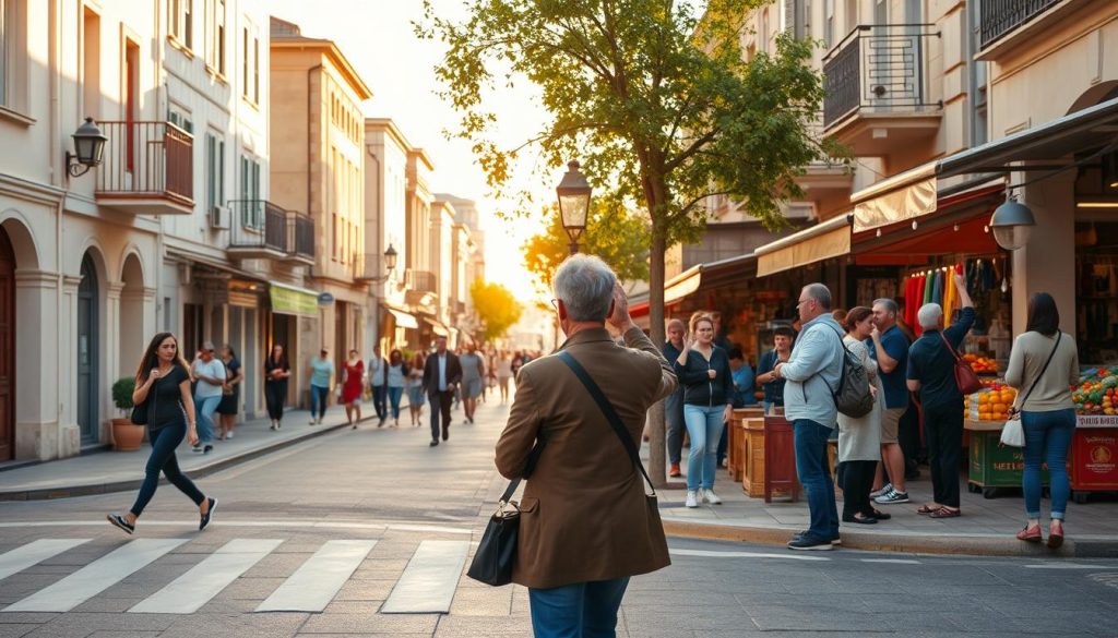 A tranquil street in Nicosia, the capital of Cyprus, with traditional Cypriot architecture lining the sidewalks. In the foreground, a pedestrian cautiously navigates the crosswalk, while in the middle ground, a tour guide gestures to a group of tourists, highlighting important safety tips for exploring the city. The background features a vibrant market, bustling with local vendors and shoppers. Warm, golden sunlight filters through the scene, creating a welcoming and inviting atmosphere. The overall composition suggests the importance of being aware of one's surroundings and following local safety guidance when traveling to this enchanting Mediterranean island.