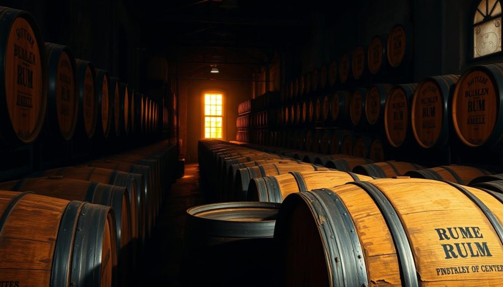 A vast, dimly lit distillery with rows of vintage Cuban rum barrels lining the walls. Glowing amber lighting filters through the narrow windows, casting a warm, nostalgic glow over the scene. The barrels are weathered and stained, their labels faded but hinting at the rich history they contain. In the foreground, a few barrels sit open, the scent of oak and caramelized sugar wafting through the air. The atmosphere is one of reverence and anticipation, as if the spirits within these barrels hold the very essence of Cuban culture and celebration.