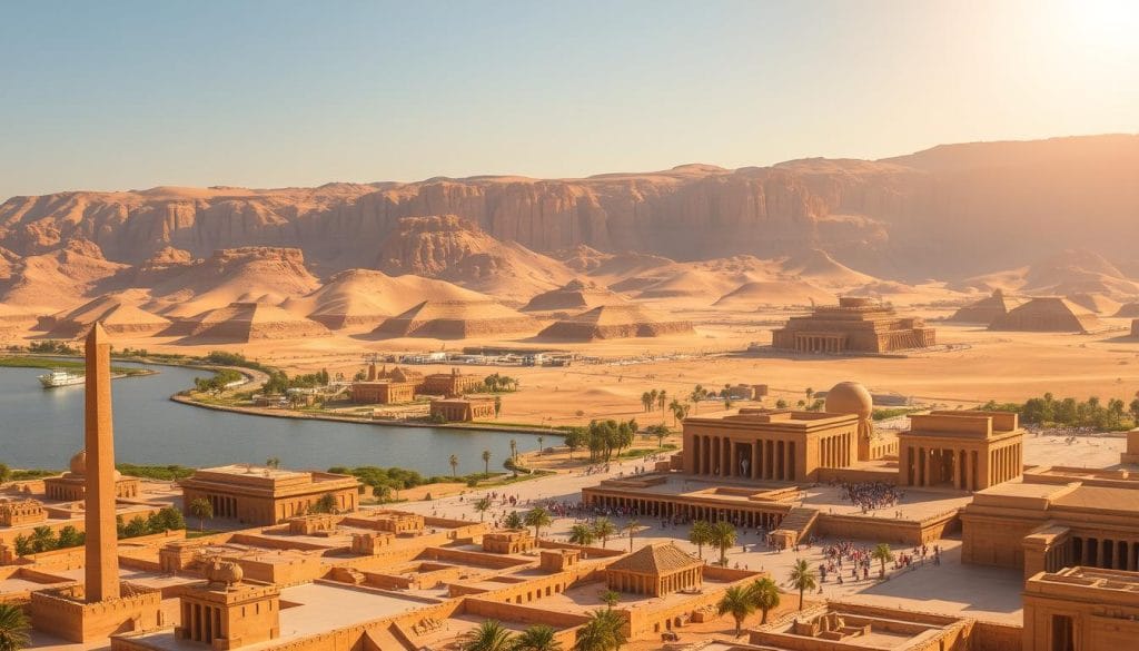 A vast expanse of ancient Egyptian wonders, the archaeological sites of Luxor and Aswan stand as testaments to the grandeur of Upper Egypt. In the foreground, towering obelisks and majestic temples adorn the landscape, their intricate carvings and hieroglyphics reflecting the ingenuity of a bygone era. In the middle ground, the mighty Nile River winds its way, its serene waters mirroring the timeless beauty of the surrounding monuments. The background is dominated by the rugged, sun-drenched cliffs and dunes of the Saharan desert, creating a dramatic and awe-inspiring contrast. Warm, golden sunlight bathes the scene, casting a soft, romantic glow over the timeless treasures of Luxor and Aswan, the archaeological jewels of Upper Egypt.