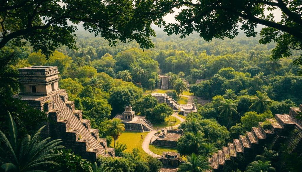 A vast expanse of ancient Mayan ruins nestled amidst lush, verdant foliage. In the foreground, crumbling stone pyramids and temples, their intricate carvings and hieroglyphics still visible. Sunlight filters through the canopy, casting a warm, golden glow over the scene. In the middle ground, a network of overgrown pathways winds through the ruins, hinting at the grandeur of this long-forgotten civilization. The background is a tapestry of dense rainforest, with towering palm trees and vibrant tropical flora adding depth and dimension to the composition. The overall atmosphere is one of mystery, history, and the resilience of nature reclaiming its domain.