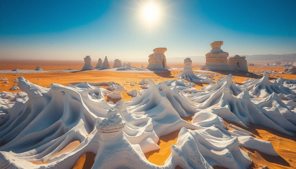 A vast expanse of pristine white chalk formations, sculpted by wind and time, stretches out under a luminous desert sun. Delicate, otherworldly shapes rise from the golden sands, casting long shadows that accentuate their ethereal beauty. In the foreground, intricate ridges and pinnacles create a mesmerizing interplay of light and shadow, inviting the viewer to explore the surreal landscape. The middle ground features towering, organic structures that seem to defy gravity, their surfaces smoothed by the elements. The background fades into a hazy horizon, the sky a deep azure that heightens the dreamlike quality of the scene. This is the White Desert of Egypt, a natural wonder that captivates the senses and sparks the imagination.