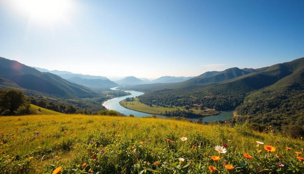 A vast, lush panorama of Eswatini's natural landscapes unfolds before the viewer. In the foreground, a vibrant, rolling meadow dotted with colorful wildflowers sways gently in the breeze. The middle ground reveals a tranquil river winding its way through the verdant foliage, its glimmering surface reflecting the azure sky above. Beyond, majestic, undulating hills rise up, their slopes cloaked in a tapestry of dense, verdant forests. Warm, golden sunlight filters through the canopy, casting a serene, ethereal glow over the entire scene. The overall atmosphere is one of profound peace, harmony, and the raw, untamed beauty of Eswatini's pristine natural environments. A vast, lush panorama of Eswatini's natural landscapes unfolds before the viewer. In the foreground, a vibrant, rolling meadow dotted with colorful wildflowers sways gently in the breeze. The middle ground reveals a tranquil river winding its way through the verdant foliage, its glimmering surface reflecting the azure sky above. Beyond, majestic, undulating hills rise up, their slopes cloaked in a tapestry of dense, verdant forests. Warm, golden sunlight filters through the canopy, casting a serene, ethereal glow over the entire scene. The overall atmosphere is one of profound peace, harmony, and the raw, untamed beauty of Eswatini's pristine natural environments.