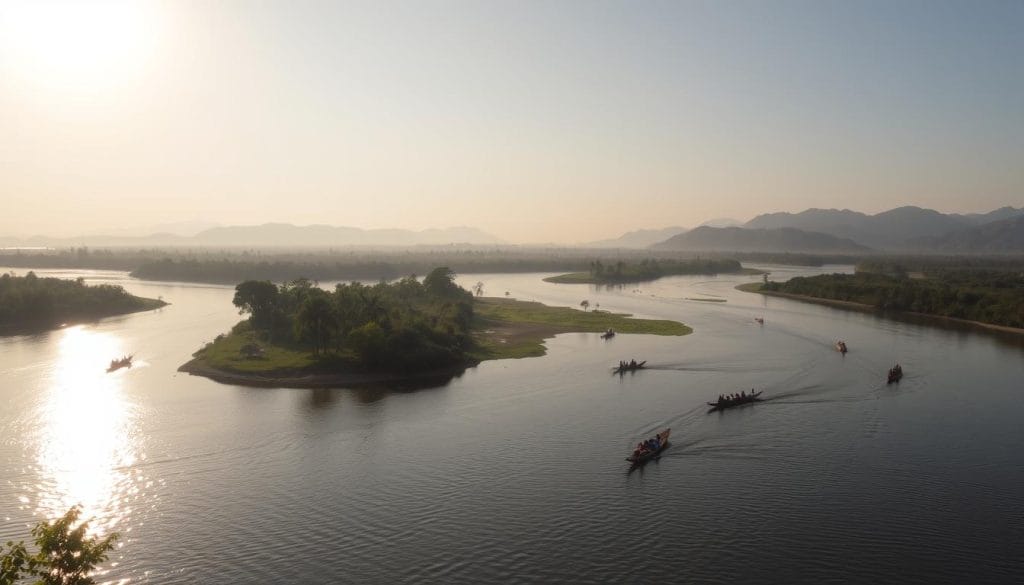 A vast, meandering river snakes through the lush, verdant expanse of Central Africa, its waters reflecting the endless sky above. The mighty Congo River, the second-longest river in Africa, carves its path through dense rainforests, towering mountains, and remote villages, serving as a vital lifeline for the people of the Democratic Republic of the Congo. The scene depicts the river in the foreground, its banks lined with verdant foliage and towering trees. In the middle ground, traditional wooden canoes glide across the water, their occupants engaged in daily activities. The background features rolling hills, with distant peaks rising into the hazy, sun-drenched atmosphere, creating a sense of scale and depth. The overall mood is one of tranquility and timelessness, capturing the essential role of the Congo River in the lives of the region's inhabitants. A vast, meandering river snakes through the lush, verdant expanse of Central Africa, its waters reflecting the endless sky above. The mighty Congo River, the second-longest river in Africa, carves its path through dense rainforests, towering mountains, and remote villages, serving as a vital lifeline for the people of the Democratic Republic of the Congo. The scene depicts the river in the foreground, its banks lined with verdant foliage and towering trees. In the middle ground, traditional wooden canoes glide across the water, their occupants engaged in daily activities. The background features rolling hills, with distant peaks rising into the hazy, sun-drenched atmosphere, creating a sense of scale and depth. The overall mood is one of tranquility and timelessness, capturing the essential role of the Congo River in the lives of the region's inhabitants.