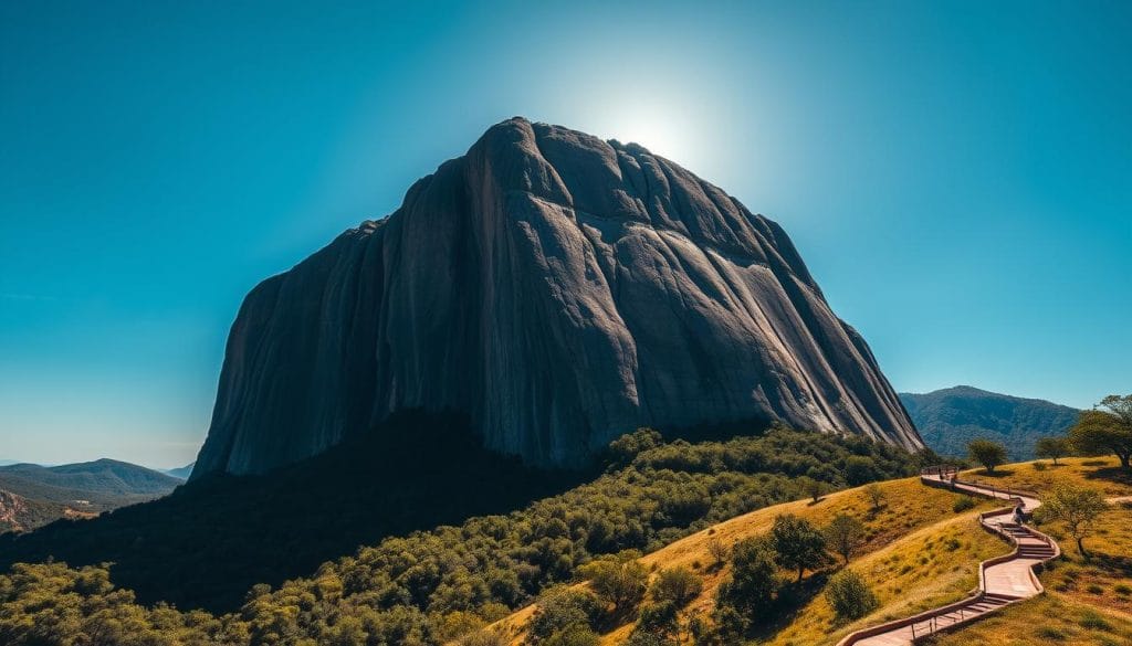 A vast monolithic granite formation, Sibebe Rock in Eswatini, towers majestically against a clear blue sky. The towering, smooth-faced cliff, surrounded by lush green foliage, casts dramatic shadows across the undulating landscape. Sunlight illuminates the rock's intricate patterns and crevices, highlighting its ancient, weathered textures. In the foreground, a winding trail leads visitors up the gentle slopes, offering breathtaking vistas of the surrounding countryside. Photographer's lens captures the scale and grandeur of this natural wonder, the second-largest exposed granite monolith in the world. A vast monolithic granite formation, Sibebe Rock in Eswatini, towers majestically against a clear blue sky. The towering, smooth-faced cliff, surrounded by lush green foliage, casts dramatic shadows across the undulating landscape. Sunlight illuminates the rock's intricate patterns and crevices, highlighting its ancient, weathered textures. In the foreground, a winding trail leads visitors up the gentle slopes, offering breathtaking vistas of the surrounding countryside. Photographer's lens captures the scale and grandeur of this natural wonder, the second-largest exposed granite monolith in the world.