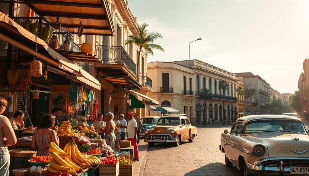 A vibrant Cuban street scene, bathed in warm, golden sunlight. In the foreground, a lively open-air market showcases an array of colorful produce, handcrafted wares, and traditional Cuban cuisine. Vendors in lively conversation with customers, the air filled with the aroma of sizzling plantains and freshly brewed Cuban coffee. In the middle ground, a classic 1950s car, its chrome gleaming, slowly rolls down the cobblestone street, while in the background, the iconic architecture of Old Havana stands tall, its pastel-hued facades and wrought-iron balconies capturing the essence of Cuban culture. Overhead, a cloudless sky and the gentle swaying of palm trees complete the captivating scene.