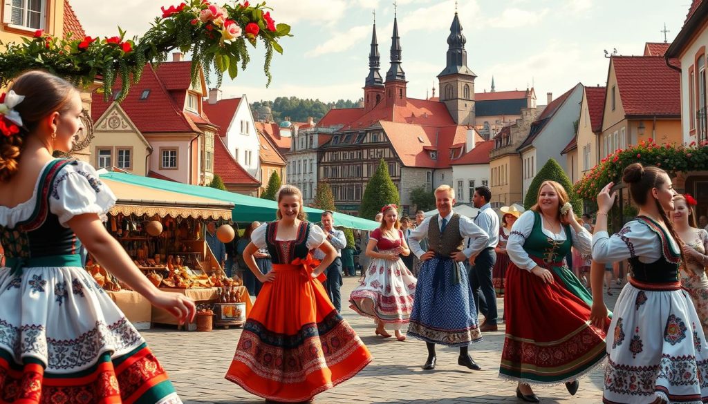 A vibrant and colorful scene depicting the rich tapestry of Czech folk traditions. In the foreground, a group of local dancers in traditional costumes perform a lively folk dance, their movements captured in a dynamic, cinéma vérité style. In the middle ground, a bustling village square is filled with artisanal stalls offering handcrafted wares, from ornate wooden figurines to intricate embroidered textiles. The background is dominated by the iconic spires and facades of a historic town, bathed in warm, golden afternoon light. The overall mood is one of joyful celebration, showcasing the enduring spirit and cultural heritage of the Czech people.