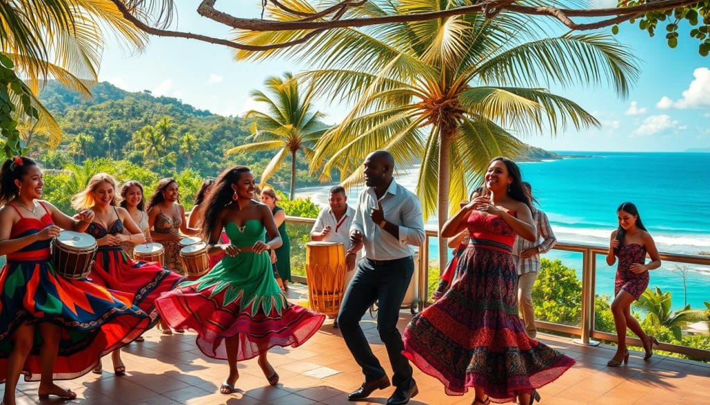 A vibrant and energetic scene showcasing the rich music and dance culture of the Dominican Republic. In the foreground, colorfully dressed dancers move energetically to the rhythmic beats of traditional Dominican percussion instruments, such as the tambora, güira, and palo. Swirling skirts and infectious smiles capture the joyous spirit of the performance. In the middle ground, a lively band plays a spirited merengue, their instruments glinting under the warm, golden lighting. The background features a captivating panorama of lush tropical foliage, palm trees gently swaying, and a glimpse of the azure Caribbean sea, setting the scene for this celebration of Dominican cultural heritage. A vibrant and energetic scene showcasing the rich music and dance culture of the Dominican Republic. In the foreground, colorfully dressed dancers move energetically to the rhythmic beats of traditional Dominican percussion instruments, such as the tambora, güira, and palo. Swirling skirts and infectious smiles capture the joyous spirit of the performance. In the middle ground, a lively band plays a spirited merengue, their instruments glinting under the warm, golden lighting. The background features a captivating panorama of lush tropical foliage, palm trees gently swaying, and a glimpse of the azure Caribbean sea, setting the scene for this celebration of Dominican cultural heritage.