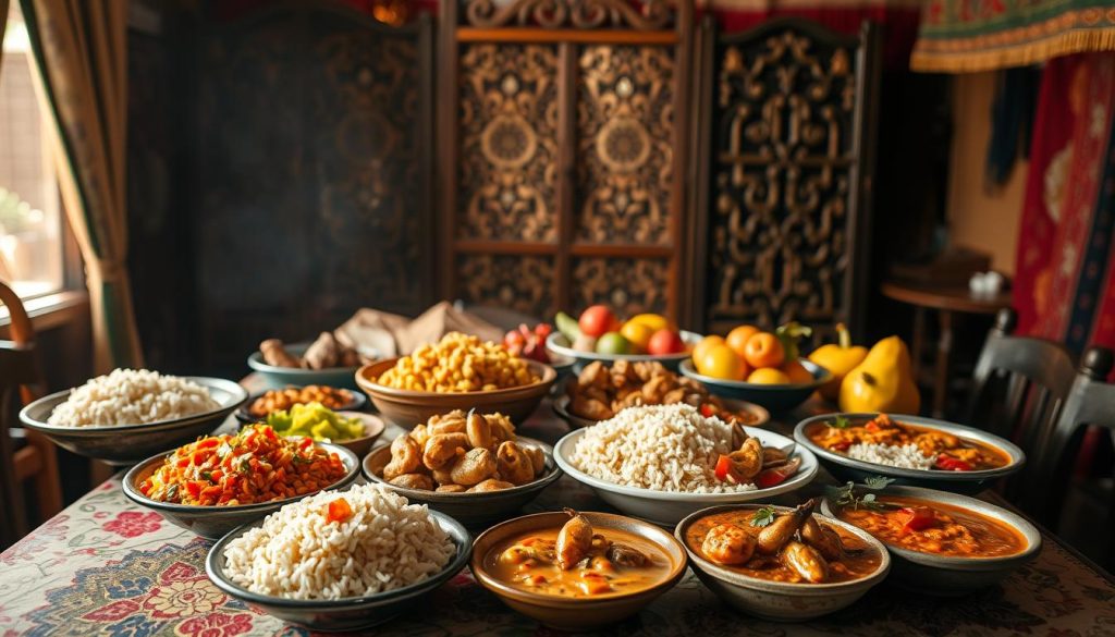 A vibrant and inviting Comorian dining scene. In the foreground, a table laden with a variety of traditional dishes - fragrant rice dishes, curries brimming with seafood and spices, and colorful tropical fruits. Warm, soft lighting casts a cozy glow, while in the background, intricately carved wooden screens and textiles in rich, earthy tones create an intimate, welcoming atmosphere. The scene evokes the cultural fusion of African, Arab, and French influences that define Comorian cuisine, a tantalizing blend of exotic flavors and aromas. A vibrant and inviting Comorian dining scene. In the foreground, a table laden with a variety of traditional dishes - fragrant rice dishes, curries brimming with seafood and spices, and colorful tropical fruits. Warm, soft lighting casts a cozy glow, while in the background, intricately carved wooden screens and textiles in rich, earthy tones create an intimate, welcoming atmosphere. The scene evokes the cultural fusion of African, Arab, and French influences that define Comorian cuisine, a tantalizing blend of exotic flavors and aromas.