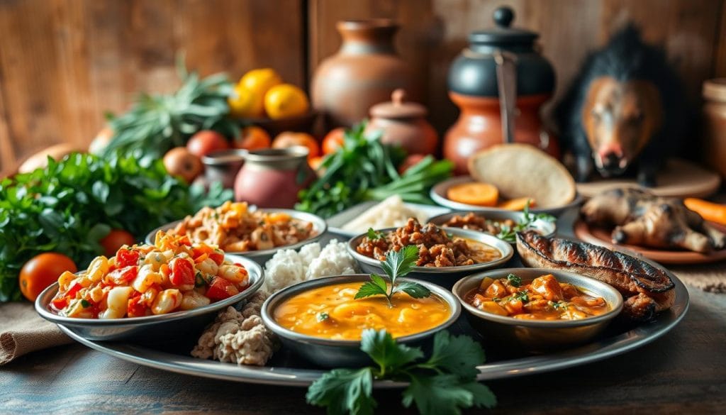 A vibrant and meticulously detailed still life arrangement showcasing the signature dishes of traditional Ecuadorian cuisine. In the foreground, a platter laden with steaming, colorful plates - luscious seafood ceviche, fragrant peanut-based peanut sauce, hearty potato-based locro stew, and flavorful roasted guinea pig. The middle ground features an assortment of fresh tropical fruits, vibrant herbs, and traditional clay cookware. The background is softly illuminated, creating a warm, inviting atmosphere that evokes the rustic charm of Ecuadorian culinary traditions. Captured with a wide-angle lens, this image emphasizes the diversity and richness of Ecuador's unique gastronomic heritage. A vibrant and meticulously detailed still life arrangement showcasing the signature dishes of traditional Ecuadorian cuisine. In the foreground, a platter laden with steaming, colorful plates - luscious seafood ceviche, fragrant peanut-based peanut sauce, hearty potato-based locro stew, and flavorful roasted guinea pig. The middle ground features an assortment of fresh tropical fruits, vibrant herbs, and traditional clay cookware. The background is softly illuminated, creating a warm, inviting atmosphere that evokes the rustic charm of Ecuadorian culinary traditions. Captured with a wide-angle lens, this image emphasizes the diversity and richness of Ecuador's unique gastronomic heritage.