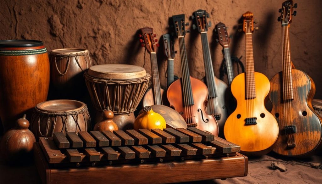 A vibrant array of traditional Congolese music instruments set against a dimly lit, earthy background. In the foreground, a carefully crafted xylophone-like instrument with intricate wooden keys and resonating gourds. Surrounding it, an assortment of hand-carved drums, each with its own unique texture and rhythm-evoking design. In the middle ground, a selection of stringed instruments, their necks adorned with intricate carvings and their bodies reflecting the warm hues of the African sunset. The overall scene exudes a sense of cultural heritage, with the instruments appearing well-worn yet cherished, ready to unleash the soulful melodies that have captivated audiences worldwide. A vibrant array of traditional Congolese music instruments set against a dimly lit, earthy background. In the foreground, a carefully crafted xylophone-like instrument with intricate wooden keys and resonating gourds. Surrounding it, an assortment of hand-carved drums, each with its own unique texture and rhythm-evoking design. In the middle ground, a selection of stringed instruments, their necks adorned with intricate carvings and their bodies reflecting the warm hues of the African sunset. The overall scene exudes a sense of cultural heritage, with the instruments appearing well-worn yet cherished, ready to unleash the soulful melodies that have captivated audiences worldwide.