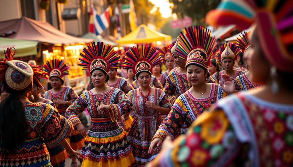 A vibrant celebration of Ecuadorian culture unfolds, a lively parade with costumed dancers swaying to the rhythm of traditional music. Intricately patterned textiles and headdresses in a kaleidoscope of colors fill the frame, capturing the spirit of the festivals. In the background, colorful stalls offer a glimpse of local handicrafts and the aroma of authentic Ecuadorian cuisine wafts through the air. Warm, golden lighting illuminates the scene, creating a sense of festivity and joy. The camera angle captures the energy and excitement of the celebration, inviting the viewer to experience the rich cultural heritage of Ecuador. A vibrant celebration of Ecuadorian culture unfolds, a lively parade with costumed dancers swaying to the rhythm of traditional music. Intricately patterned textiles and headdresses in a kaleidoscope of colors fill the frame, capturing the spirit of the festivals. In the background, colorful stalls offer a glimpse of local handicrafts and the aroma of authentic Ecuadorian cuisine wafts through the air. Warm, golden lighting illuminates the scene, creating a sense of festivity and joy. The camera angle captures the energy and excitement of the celebration, inviting the viewer to experience the rich cultural heritage of Ecuador.