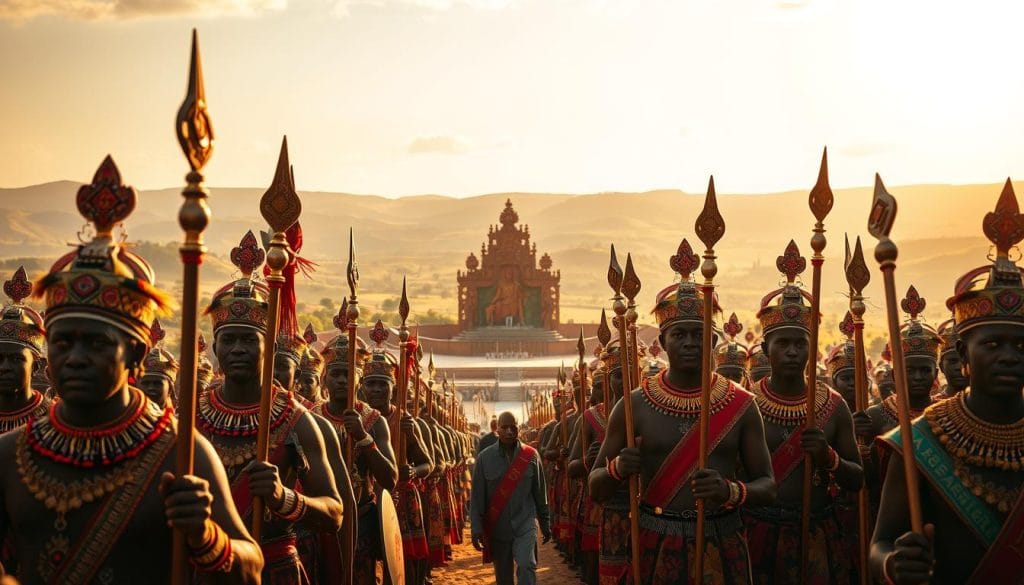 A vibrant, ceremonial scene unfolding in the heart of Eswatini. In the foreground, a procession of Eswatini men adorned in intricate tribal regalia, carrying ornate scepters and shields, their faces painted with traditional designs. In the middle ground, a grand, open-air arena where the Incwala ceremony takes place, with a towering, carved wooden throne at the center. The background is filled with a lush, verdant landscape, with rolling hills and a bright, golden-hued sky overhead. The scene is bathed in warm, soft lighting, evoking a sense of timelessness and reverence. The overall atmosphere is one of deep cultural significance, spiritual connection, and the sacred rituals of Eswatini's royal kingship. A vibrant, ceremonial scene unfolding in the heart of Eswatini. In the foreground, a procession of Eswatini men adorned in intricate tribal regalia, carrying ornate scepters and shields, their faces painted with traditional designs. In the middle ground, a grand, open-air arena where the Incwala ceremony takes place, with a towering, carved wooden throne at the center. The background is filled with a lush, verdant landscape, with rolling hills and a bright, golden-hued sky overhead. The scene is bathed in warm, soft lighting, evoking a sense of timelessness and reverence. The overall atmosphere is one of deep cultural significance, spiritual connection, and the sacred rituals of Eswatini's royal kingship.