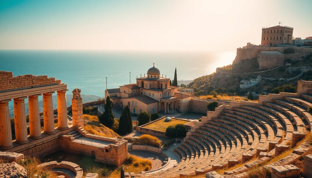 A vibrant, cinematic landscape showcasing the rich historical tapestry of Cyprus. In the foreground, ancient ruins of a Greco-Roman amphitheater stand majestically, sunlight casting warm hues across the weathered stone. In the middle ground, a Byzantine monastery nestled atop a rolling hill, its domed roofs and towers reflecting the azure Mediterranean sky. In the distance, the iconic silhouette of the Kyrenia Castle, a medieval fortification guarding the northern coast, its stone walls glowing under the golden hour light. The scene evokes a harmonious blend of Cypriot heritage, with each landmark offering a window into the island's diverse past. Captured through the lens of a wide-angle camera, the image conveys a sense of grandeur and timelessness.