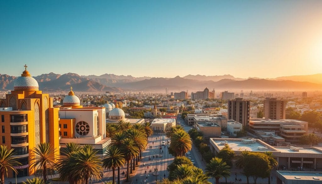 A vibrant city skyline, bathed in warm, golden light. In the foreground, the modernist architectural masterpieces of Asmara, Eritrea, stand tall and proud, their sleek lines and geometric forms casting long shadows across the bustling streets below. Towering Art Deco and Futurist structures, adorned with intricate patterns and bold, colorful accents, intermingle with lush palm trees and bustling pedestrians. In the middle ground, the sprawling cityscape unfolds, a harmonious blend of old and new, with domed cathedrals and angular high-rises coexisting in perfect harmony. The background is dominated by the rugged, sun-drenched mountains that surround this unique and captivating city, adding a sense of majesty and timelessness to the scene. A vibrant city skyline, bathed in warm, golden light. In the foreground, the modernist architectural masterpieces of Asmara, Eritrea, stand tall and proud, their sleek lines and geometric forms casting long shadows across the bustling streets below. Towering Art Deco and Futurist structures, adorned with intricate patterns and bold, colorful accents, intermingle with lush palm trees and bustling pedestrians. In the middle ground, the sprawling cityscape unfolds, a harmonious blend of old and new, with domed cathedrals and angular high-rises coexisting in perfect harmony. The background is dominated by the rugged, sun-drenched mountains that surround this unique and captivating city, adding a sense of majesty and timelessness to the scene.