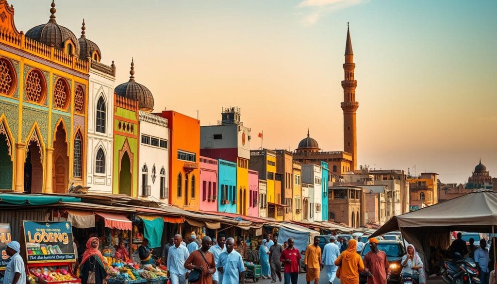 A vibrant cityscape where African and Arabian influences seamlessly intertwine. Colorful buildings in Moorish and colonial architectural styles line the bustling streets of Djibouti City. Intricate facades blend ornate arches, domed roofs, and geometric patterns, creating a mesmerizing visual tapestry. In the foreground, local merchants hawk their wares at a lively outdoor market, their traditional garments and animated gestures adding warmth and energy to the scene. Towering minarets punctuate the skyline, their elegant silhouettes silhouetted against a warm, golden-hour sky. The overall atmosphere evokes a captivating fusion of cultures, where the ancient and the modern coexist in harmonious balance. A vibrant cityscape where African and Arabian influences seamlessly intertwine. Colorful buildings in Moorish and colonial architectural styles line the bustling streets of Djibouti City. Intricate facades blend ornate arches, domed roofs, and geometric patterns, creating a mesmerizing visual tapestry. In the foreground, local merchants hawk their wares at a lively outdoor market, their traditional garments and animated gestures adding warmth and energy to the scene. Towering minarets punctuate the skyline, their elegant silhouettes silhouetted against a warm, golden-hour sky. The overall atmosphere evokes a captivating fusion of cultures, where the ancient and the modern coexist in harmonious balance.