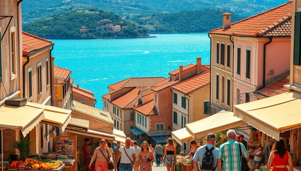 A vibrant coastal town in Croatia, with sun-drenched streets and charming architecture. In the foreground, a group of budget travelers explore a bustling open-air market, inspecting local produce and crafts. The middle ground features historic buildings with red-tiled roofs, their facades adorned with intricate carvings. In the background, the sparkling azure waters of the Adriatic Sea meet the horizon, framed by lush, rolling hills. Warm, golden lighting casts a cozy glow, lending an atmospheric ambiance to the scene. The overall composition captures the essence of Croatia's budget-friendly charm and the spirit of adventure that draws travelers to this captivating destination.