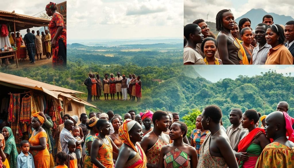 A vibrant collage of cultural diversity in the Democratic Republic of the Congo. In the foreground, a bustling marketplace filled with lively vendors in traditional garments, showcasing the region's rich textiles and handicrafts. In the middle ground, a mosaic of people from diverse ethnic backgrounds engaged in lively conversation, their faces reflecting the warmth and complexity of this multicultural society. In the background, a panoramic view of lush, verdant landscapes punctuated by the iconic silhouettes of towering mountains, hinting at the natural wonders that have shaped the DRC's unique identity. Warm, natural lighting illuminates the scene, evoking a sense of timelessness and the enduring spirit of this extraordinary nation. A vibrant collage of cultural diversity in the Democratic Republic of the Congo. In the foreground, a bustling marketplace filled with lively vendors in traditional garments, showcasing the region's rich textiles and handicrafts. In the middle ground, a mosaic of people from diverse ethnic backgrounds engaged in lively conversation, their faces reflecting the warmth and complexity of this multicultural society. In the background, a panoramic view of lush, verdant landscapes punctuated by the iconic silhouettes of towering mountains, hinting at the natural wonders that have shaped the DRC's unique identity. Warm, natural lighting illuminates the scene, evoking a sense of timelessness and the enduring spirit of this extraordinary nation.