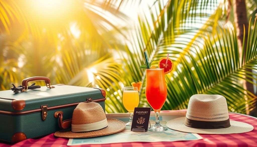 A vibrant collection of Cuba travel essentials laid out against a warm, sun-drenched tropical backdrop. In the foreground, a vintage suitcase, a straw hat, and a map of the island nation, evoking the nostalgic allure of a bygone era. In the middle ground, a tropical cocktail, a passport, and a set of travel documents, symbolizing the essential preparations for a Cuban adventure. In the background, lush palm fronds sway gently, creating a sense of tranquility and escapism. The lighting is soft and golden, casting a dreamlike glow over the scene, inviting the viewer to imagine themselves immersed in the rich culture and vibrant landscapes of Cuba.