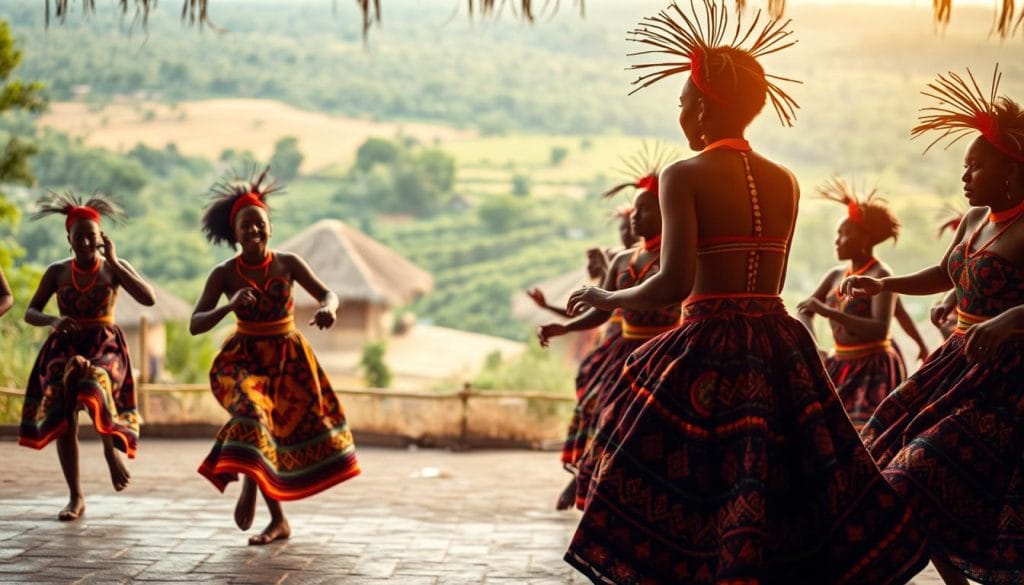 A vibrant cultural dance performance unfolds in the heart of Eswatini. In the foreground, a troupe of dancers adorned in intricate, colorful costumes sway and leap, their movements graceful and rhythmic. The middle ground reveals a backdrop of traditional thatched huts and lush, verdant landscapes, creating an immersive atmosphere. Warm, golden lighting bathes the scene, casting a soft, inviting glow and highlighting the energy and joy of the performance. The overall composition captures the essence of Eswatini's rich cultural heritage, showcasing the unique and captivating traditional music and dance expressions that are deeply rooted in the nation's identity. A vibrant cultural dance performance unfolds in the heart of Eswatini. In the foreground, a troupe of dancers adorned in intricate, colorful costumes sway and leap, their movements graceful and rhythmic. The middle ground reveals a backdrop of traditional thatched huts and lush, verdant landscapes, creating an immersive atmosphere. Warm, golden lighting bathes the scene, casting a soft, inviting glow and highlighting the energy and joy of the performance. The overall composition captures the essence of Eswatini's rich cultural heritage, showcasing the unique and captivating traditional music and dance expressions that are deeply rooted in the nation's identity.