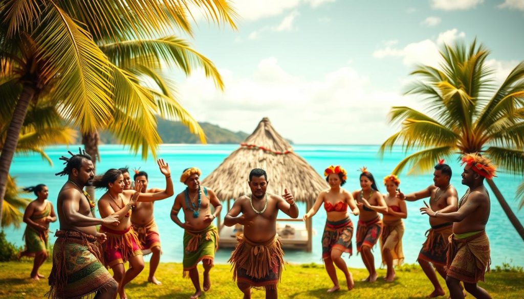 A vibrant cultural tableau set in the lush, tropical landscapes of the Cook Islands. In the foreground, a group of islanders in traditional dress perform an energetic dance, their colorful costumes and intricate body movements capturing the essence of their rich heritage. In the middle ground, a thatched-roof hut stands amidst swaying palm trees, while in the background, a stunning azure lagoon frames the scene, reflecting the warm, golden light of the sun. Soft, diffuse lighting illuminates the details of the islanders' intricate tattoos and weavings, creating a sense of warmth and authenticity. The overall composition celebrates the unique, time-honored traditions that define the vibrant culture of the Cook Islands. A vibrant cultural tableau set in the lush, tropical landscapes of the Cook Islands. In the foreground, a group of islanders in traditional dress perform an energetic dance, their colorful costumes and intricate body movements capturing the essence of their rich heritage. In the middle ground, a thatched-roof hut stands amidst swaying palm trees, while in the background, a stunning azure lagoon frames the scene, reflecting the warm, golden light of the sun. Soft, diffuse lighting illuminates the details of the islanders' intricate tattoos and weavings, creating a sense of warmth and authenticity. The overall composition celebrates the unique, time-honored traditions that define the vibrant culture of the Cook Islands.