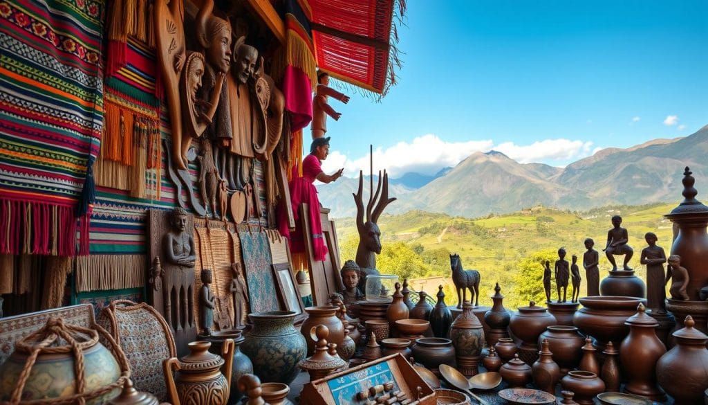 A vibrant display of Ecuadorian handicrafts, showcasing the rich cultural heritage of the region. In the foreground, intricately woven textiles, colorful tapestries, and intricate wood carvings are artfully arranged. Mid-ground features an array of handcrafted pottery, ceramics, and brass figurines, each piece reflecting the skilled artistry of local artisans. The background depicts a lush, verdant landscape with towering Andean peaks, evoking the natural beauty that inspires these captivating creations. The scene is illuminated by warm, golden lighting, casting a serene and inviting atmosphere. Captured through a wide-angle lens, the image captures the essence of Ecuador's thriving artisanal tradition. A vibrant display of Ecuadorian handicrafts, showcasing the rich cultural heritage of the region. In the foreground, intricately woven textiles, colorful tapestries, and intricate wood carvings are artfully arranged. Mid-ground features an array of handcrafted pottery, ceramics, and brass figurines, each piece reflecting the skilled artistry of local artisans. The background depicts a lush, verdant landscape with towering Andean peaks, evoking the natural beauty that inspires these captivating creations. The scene is illuminated by warm, golden lighting, casting a serene and inviting atmosphere. Captured through a wide-angle lens, the image captures the essence of Ecuador's thriving artisanal tradition.