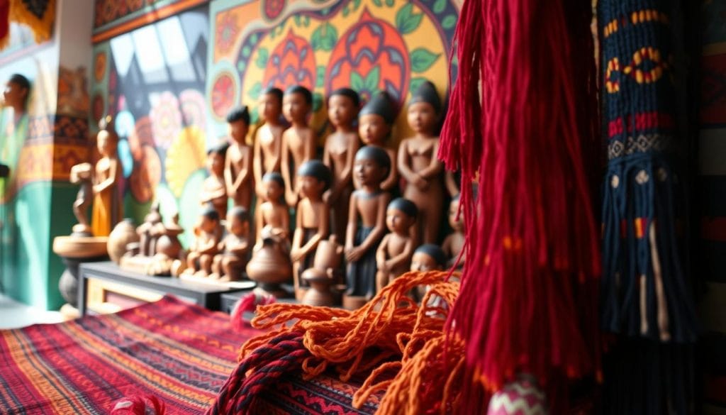 A vibrant display of El Salvador's rich cultural heritage, capturing the essence of its artisanal craftsmanship. In the foreground, intricate handwoven textiles in vibrant hues of crimson, indigo, and ochre, showcasing the skilled techniques of local weavers. In the middle ground, a collection of intricately carved wooden figurines, each with its own unique expression and character, representing the country's deep-rooted traditions. The background features a mural-like setting, with vibrant patterns and motifs inspired by El Salvador's indigenous art forms, bathed in warm, natural lighting that illuminates the textures and details of the crafts. The overall scene exudes a sense of cultural pride, authenticity, and the enduring spirit of Salvadoran artistry.