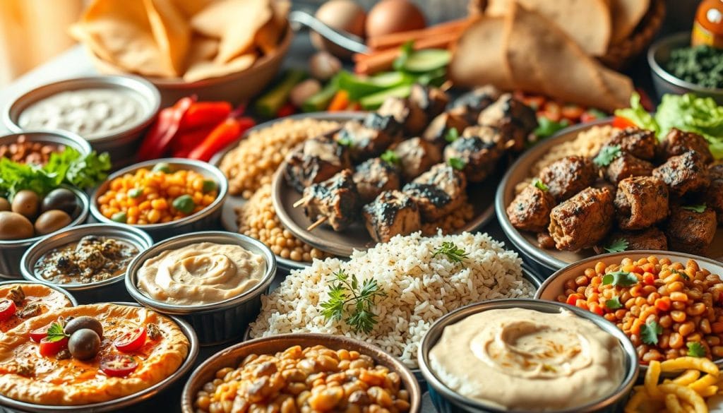 A vibrant display of traditional Egyptian cuisine specialties, captured in a high-resolution digital photograph. In the foreground, a tantalizing array of mezze dishes - from creamy hummus and fragrant baba ghanoush to stuffed grape leaves and marinated olives. In the middle ground, perfectly grilled kebabs of seasoned lamb and chicken, accompanied by fragrant rice and simmered lentils. The background showcases the rich colors and textures of freshly baked pita bread, crisp salads, and a variety of aromatic spices and herbs. Warm, natural lighting illuminates the scene, creating a sense of homely comfort and authenticity. The composition is balanced, with each element complementing the others to showcase the depth and diversity of Egypt's culinary heritage.