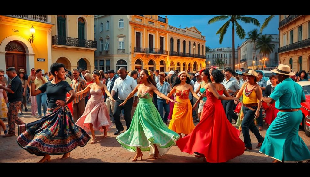 A vibrant, energetic scene of traditional Cuban dance performances. In the foreground, a group of dancers move seamlessly, their bodies swaying to the rhythmic beats of live Cuban music. Colorful, flowing costumes accentuate their graceful movements, while the middle ground showcases a diverse audience captivated by the mesmerizing display. The background features the iconic architecture of Havana, with its pastel-colored buildings and vintage cars adding to the authentic Cuban atmosphere. Warm, natural lighting illuminates the scene, creating a sense of warmth and celebration. The overall mood is one of joyous, soulful expression, showcasing the unique cultural heritage and artistic spirit of Cuba.
