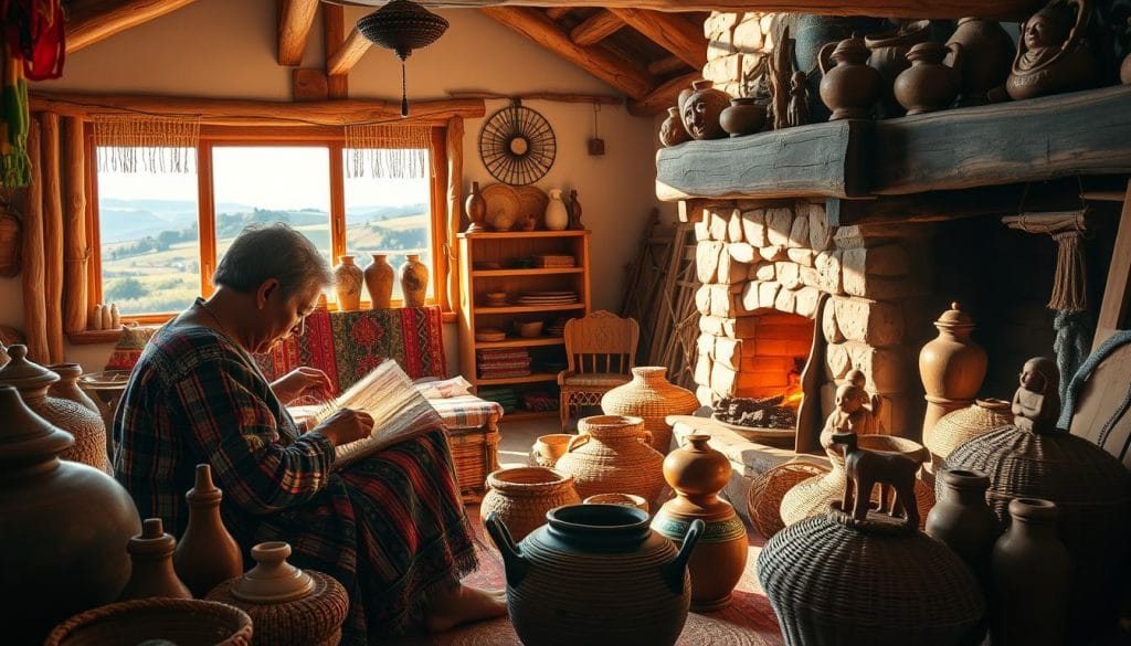 A vibrant, intricately detailed scene of traditional Estonian crafts, captured in warm, natural lighting. In the foreground, a skilled artisan meticulously weaves a colorful tapestry, their hands moving with a practiced rhythm. Surrounding them, an array of handcrafted pottery, woven baskets, and finely carved wooden figures, each piece showcasing the unique patterns and motifs that define Estonian folk art. In the middle ground, a cozy, rustic interior with exposed beams and a crackling fireplace sets the scene, while the background reveals a picturesque Estonian landscape, with rolling hills and a glimpse of a quaint village in the distance.