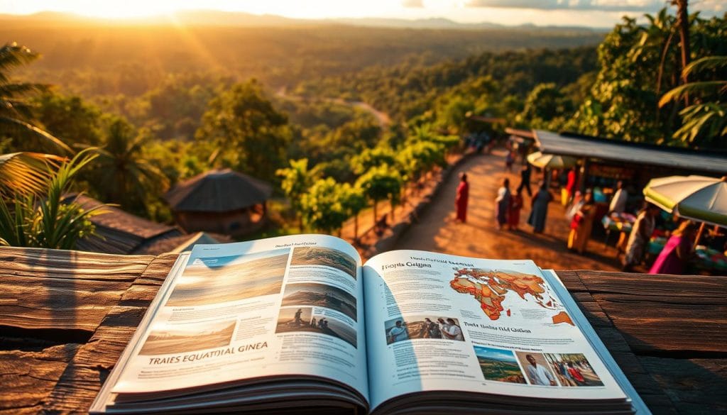 A vibrant landscape of Equatorial Guinea's equatorial region, bathed in warm, golden sunlight. In the foreground, a well-worn travel guide sits atop a weathered wooden table, its pages open to reveal enticing details about the country's culture and attractions. Behind it, a panoramic view of lush, verdant rainforests stretches towards the horizon, dotted with traditional thatched-roof huts and the silhouettes of exotic wildlife. In the middle ground, a winding dirt road leads towards a bustling market, where locals engage in lively trade, their vibrant clothing and colorful wares creating a dynamic, immersive scene. The overall atmosphere evokes a sense of adventure, discovery, and the allure of this little-known African destination.
