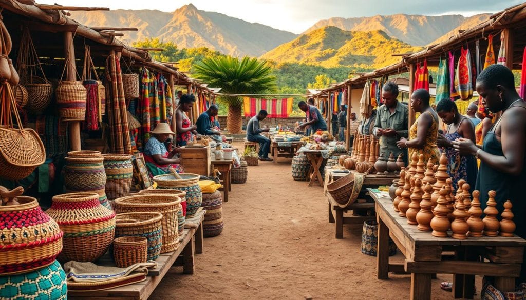 A vibrant marketplace bustling with Eswatini's traditional crafts and artisanal specialties. In the foreground, intricate baskets, colorful woven textiles, and carved wooden figurines are displayed on rustic wooden tables. In the middle ground, skilled artisans demonstrate their techniques, weaving intricate patterns and expertly shaping clay into pottery. The background features a lush, verdant landscape with towering mountains, casting warm, golden light over the scene. The atmosphere is one of cultural richness, showcasing the unique and time-honored traditions of the Swati people. A vibrant marketplace bustling with Eswatini's traditional crafts and artisanal specialties. In the foreground, intricate baskets, colorful woven textiles, and carved wooden figurines are displayed on rustic wooden tables. In the middle ground, skilled artisans demonstrate their techniques, weaving intricate patterns and expertly shaping clay into pottery. The background features a lush, verdant landscape with towering mountains, casting warm, golden light over the scene. The atmosphere is one of cultural richness, showcasing the unique and time-honored traditions of the Swati people.