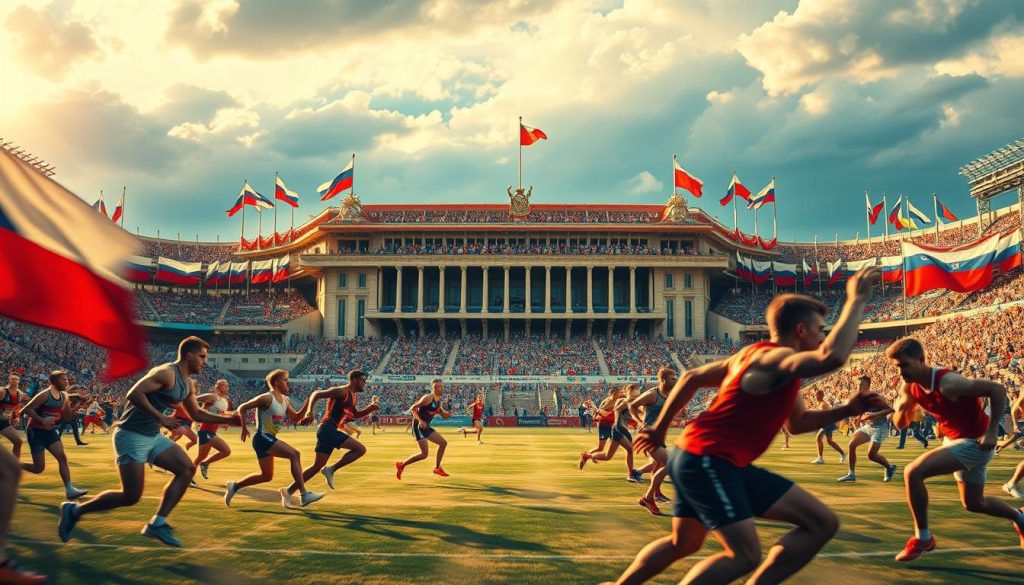 A vibrant panorama of Czechoslovakian sports history, captured in an impressionistic style. In the foreground, a group of athletes engaged in a dynamic, high-intensity competition, their movements frozen in time, conveying the thrill and intensity of Czechoslovakian sporting tradition. In the middle ground, a majestic, iconic stadium, its grand architecture and triumphant design reflecting the country's pride and passion for athletics. In the background, a tapestry of national symbols, flags, and cultural motifs, weaving a rich, historical narrative that celebrates the enduring legacy of Czechoslovakian sports. Warm, golden lighting bathes the scene, evoking a sense of nostalgia and timelessness, while a cinematic, wide-angle lens captures the grand scale and scope of this captivating moment in Czechoslovakian sports history. A vibrant panorama of Czechoslovakian sports history, captured in an impressionistic style. In the foreground, a group of athletes engaged in a dynamic, high-intensity competition, their movements frozen in time, conveying the thrill and intensity of Czechoslovakian sporting tradition. In the middle ground, a majestic, iconic stadium, its grand architecture and triumphant design reflecting the country's pride and passion for athletics. In the background, a tapestry of national symbols, flags, and cultural motifs, weaving a rich, historical narrative that celebrates the enduring legacy of Czechoslovakian sports. Warm, golden lighting bathes the scene, evoking a sense of nostalgia and timelessness, while a cinematic, wide-angle lens captures the grand scale and scope of this captivating moment in Czechoslovakian sports history.