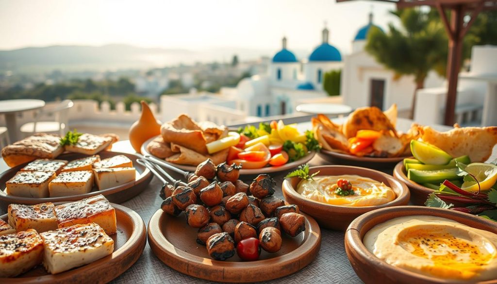 A vibrant, richly textured scene showcasing the diverse and flavorful dishes that define Cypriot cuisine. In the foreground, an array of mouthwatering delicacies - fragrant, grilled halloumi cheese, juicy souvlaki skewers, and creamy, lemon-infused hummus, all artfully presented on rustic earthenware plates. In the middle ground, a selection of traditional Cypriot breads, such as flaky, sesame-coated flaounes and hearty, charred pita, accompanied by platters of fresh, vibrant vegetables and tangy, pickled condiments. The background features a sun-dappled setting, with hints of the island's iconic blue-domed churches and whitewashed buildings in the distance, conveying the warm, welcoming ambiance of a typical Cypriot dining experience. Soft, natural lighting casts a golden glow, highlighting the rich, vibrant colors and textures of this quintessential Cypriot culinary scene.