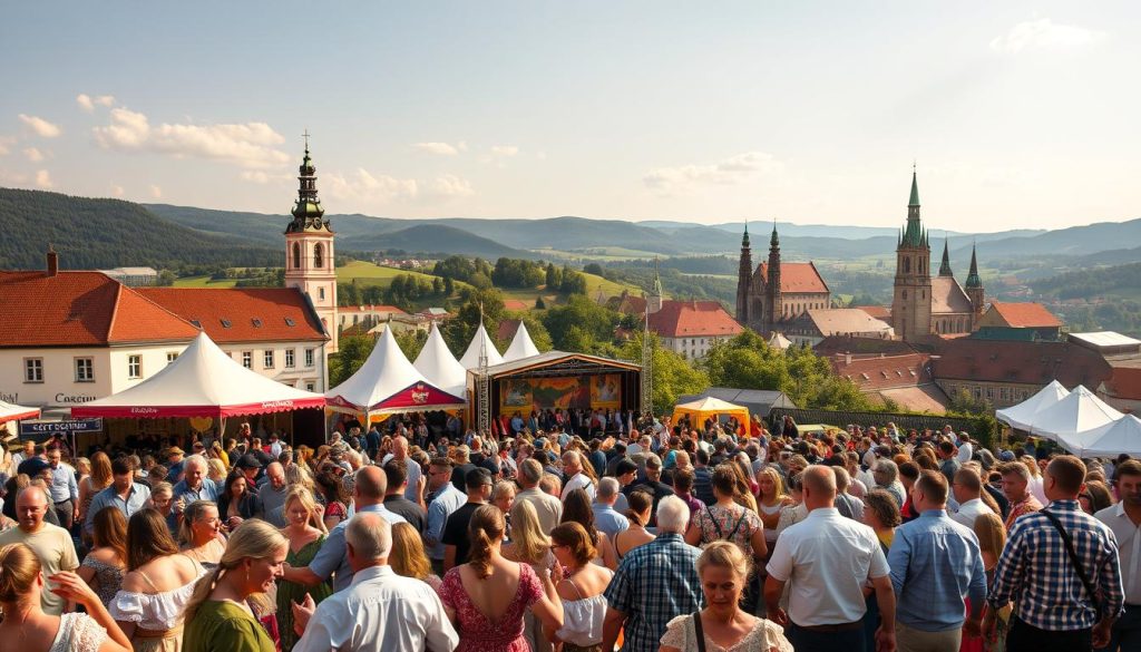 A vibrant scene of Czech music festivals, set against the backdrop of historic architecture and scenic landscapes. In the foreground, a crowd of revelers dance and sway to the rhythmic beats of traditional folk music, their colorful costumes and enthusiastic expressions capturing the energy and joy of the event. In the middle ground, a stage is adorned with intricate decorations, surrounded by tents and stalls offering local cuisine and handcrafted wares. In the distant background, rolling hills and towering spires of cathedrals and castles create a picturesque setting, bathed in the warm, golden glow of the summer sun. The overall atmosphere conveys the rich cultural heritage and lively spirit of Czechoslovakia's musical legacy. A vibrant scene of Czech music festivals, set against the backdrop of historic architecture and scenic landscapes. In the foreground, a crowd of revelers dance and sway to the rhythmic beats of traditional folk music, their colorful costumes and enthusiastic expressions capturing the energy and joy of the event. In the middle ground, a stage is adorned with intricate decorations, surrounded by tents and stalls offering local cuisine and handcrafted wares. In the distant background, rolling hills and towering spires of cathedrals and castles create a picturesque setting, bathed in the warm, golden glow of the summer sun. The overall atmosphere conveys the rich cultural heritage and lively spirit of Czechoslovakia's musical legacy.