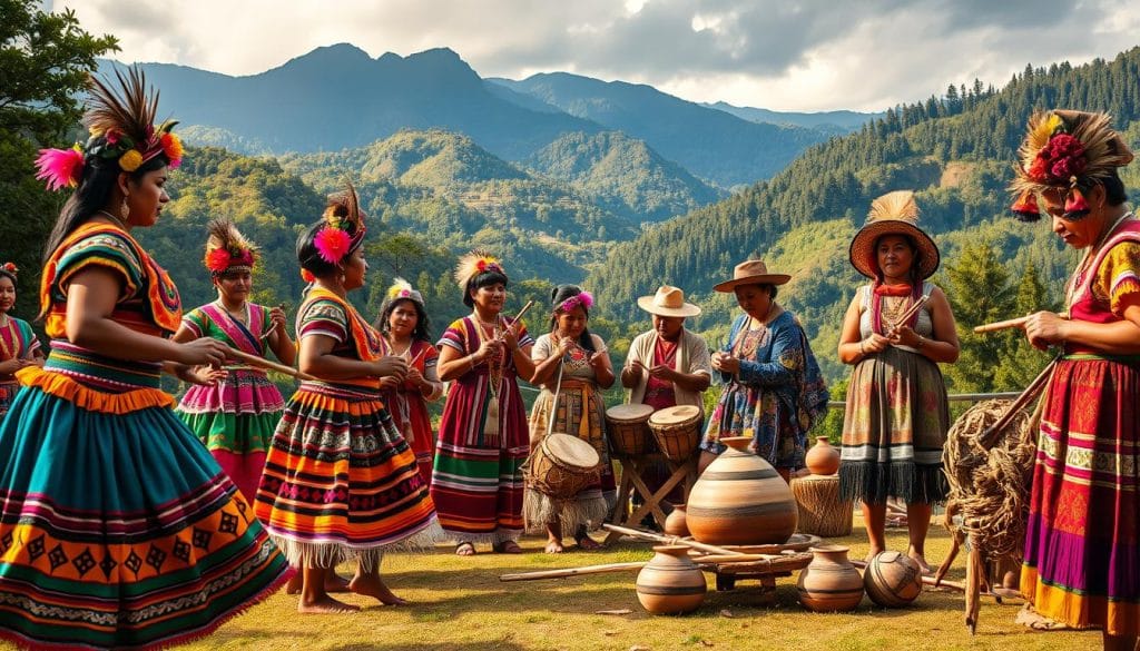 A vibrant scene of Ecuadorian indigenous traditions unfolds. In the foreground, a group of dancers adorned in colorful traditional costumes sway rhythmically to the beat of indigenous drums and flutes. The middle ground features artisans intricately weaving textiles and crafting intricate pottery, showcasing the region's rich cultural heritage. In the background, a backdrop of lush Andean mountains and verdant forests sets the stage for this captivating display of Ecuador's enduring indigenous practices. Warm, natural lighting casts a soft, golden glow, accentuating the vibrancy and authenticity of this tableau. The overall composition conveys a sense of cultural pride, community, and the enduring spirit of Ecuador's indigenous peoples. A vibrant scene of Ecuadorian indigenous traditions unfolds. In the foreground, a group of dancers adorned in colorful traditional costumes sway rhythmically to the beat of indigenous drums and flutes. The middle ground features artisans intricately weaving textiles and crafting intricate pottery, showcasing the region's rich cultural heritage. In the background, a backdrop of lush Andean mountains and verdant forests sets the stage for this captivating display of Ecuador's enduring indigenous practices. Warm, natural lighting casts a soft, golden glow, accentuating the vibrancy and authenticity of this tableau. The overall composition conveys a sense of cultural pride, community, and the enduring spirit of Ecuador's indigenous peoples.