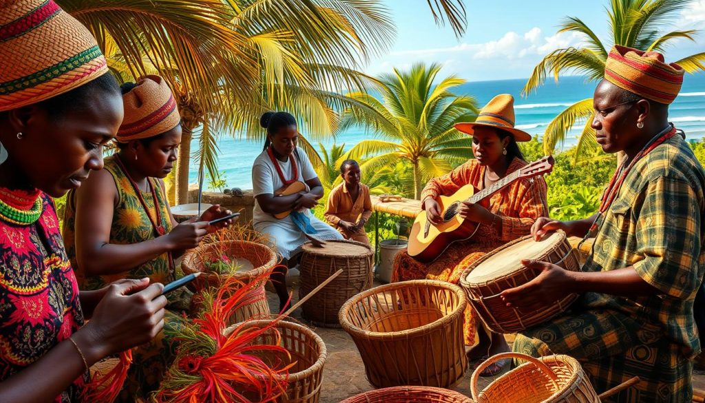 A vibrant scene of traditional Comoros crafts and music unfolds. In the foreground, skilled artisans meticulously weave intricate baskets, their nimble fingers skillfully manipulating vibrant natural fibers. In the middle ground, local musicians gather, playing enchanting melodies on traditional instruments like the kabosy lute and the antique-style drums. The background depicts a lush, tropical landscape, with swaying palm trees and a glimpse of the turquoise ocean waves. Warm, golden lighting illuminates the entire scene, capturing the rich cultural heritage and the celebratory atmosphere of this Comoros cultural showcase. A vibrant scene of traditional Comoros crafts and music unfolds. In the foreground, skilled artisans meticulously weave intricate baskets, their nimble fingers skillfully manipulating vibrant natural fibers. In the middle ground, local musicians gather, playing enchanting melodies on traditional instruments like the kabosy lute and the antique-style drums. The background depicts a lush, tropical landscape, with swaying palm trees and a glimpse of the turquoise ocean waves. Warm, golden lighting illuminates the entire scene, capturing the rich cultural heritage and the celebratory atmosphere of this Comoros cultural showcase.