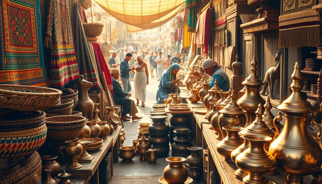 A vibrant scene of traditional Egyptian craftsmanship unfolds before the viewer. In the foreground, intricate handwoven baskets, vibrantly colored tapestries, and delicately carved wooden sculptures are displayed on rustic wooden shelves. Beside them, gleaming brass and copper vases, trays, and incense burners emit a warm, ambient glow. In the middle ground, artisans dressed in traditional garments work diligently, skillfully shaping clay into elegant pottery and weaving vibrant textiles. The background reveals a bustling marketplace, with shoppers perusing the vast array of handmade treasures. Warm, golden sunlight filters through the scene, casting a soft, inviting atmosphere. The overall composition celebrates Egypt's rich heritage of artisanal craftsmanship.