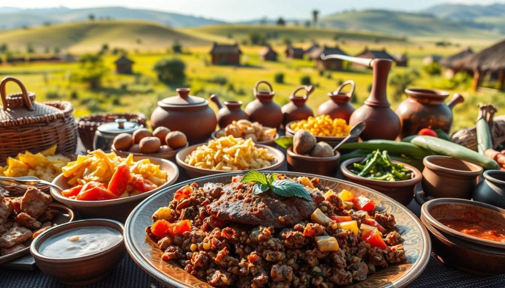 A vibrant spread of Eswatini's traditional cuisine, featuring a variety of colorful and aromatic dishes. In the foreground, a platter showcases the national dish of mincemeat, umcwasho (steamed maize meal), and various relishes like emasi (sour milk) and umphakatsi (pumpkin leaves). Surrounding the main plate, a selection of other local delicacies such as tinkhobe (sorghum porridge), emahiya (grilled corn), and umcombotsi (traditional beer) create a rich tapestry of flavors. The middle ground features woven baskets, clay pots, and handcrafted utensils, reflecting the artisanal nature of Eswatini's culinary heritage. In the background, a lush, verdant landscape with rolling hills and traditional thatched-roof homesteads sets the scene, conveying the country's vibrant, rural essence. The lighting is warm and natural, casting a golden glow over the entire composition. A vibrant spread of Eswatini's traditional cuisine, featuring a variety of colorful and aromatic dishes. In the foreground, a platter showcases the national dish of mincemeat, umcwasho (steamed maize meal), and various relishes like emasi (sour milk) and umphakatsi (pumpkin leaves). Surrounding the main plate, a selection of other local delicacies such as tinkhobe (sorghum porridge), emahiya (grilled corn), and umcombotsi (traditional beer) create a rich tapestry of flavors. The middle ground features woven baskets, clay pots, and handcrafted utensils, reflecting the artisanal nature of Eswatini's culinary heritage. In the background, a lush, verdant landscape with rolling hills and traditional thatched-roof homesteads sets the scene, conveying the country's vibrant, rural essence. The lighting is warm and natural, casting a golden glow over the entire composition.