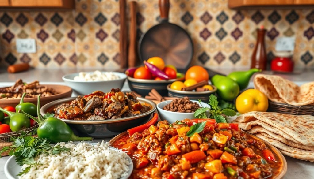 A vibrant still life showcasing the diverse culinary specialties of Djibouti. In the foreground, a spread of traditional Djiboutian dishes, including sizzling and fragrant lamb stew, hearty vegetable tagine, and freshly baked flatbreads. The mid-ground features an assortment of spices, herbs, and local produce, such as vibrant peppers, fragrant cinnamon sticks, and lush tropical fruits. In the background, a beautifully tiled kitchen counter provides a textured and visually striking backdrop, with warm, natural lighting illuminating the scene. The overall composition conveys the rich cultural heritage and unique flavors of Djibouti's remarkable cuisine. A vibrant still life showcasing the diverse culinary specialties of Djibouti. In the foreground, a spread of traditional Djiboutian dishes, including sizzling and fragrant lamb stew, hearty vegetable tagine, and freshly baked flatbreads. The mid-ground features an assortment of spices, herbs, and local produce, such as vibrant peppers, fragrant cinnamon sticks, and lush tropical fruits. In the background, a beautifully tiled kitchen counter provides a textured and visually striking backdrop, with warm, natural lighting illuminating the scene. The overall composition conveys the rich cultural heritage and unique flavors of Djibouti's remarkable cuisine.